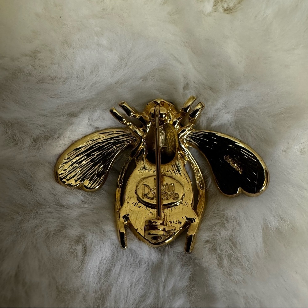 Joan Rivers Collection Gold Tone Black Green Bee Brooch Pin Crystal Pave Stones - Picture 13 of 13